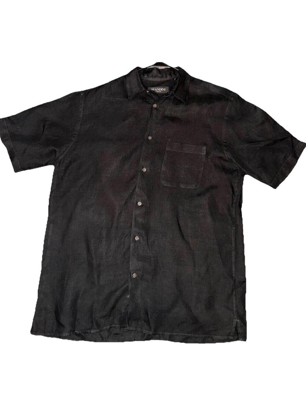Brandini mens 100% Linen Short Sleeve Button Down Shirt Black sz M dressy dark